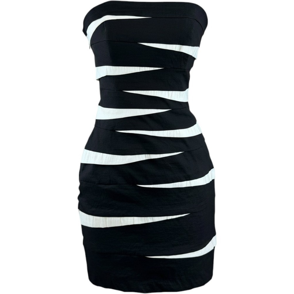 Y2K CACHE Strapless Bandage Mini Dress|6|Black White Stripe Bodycon Party Club